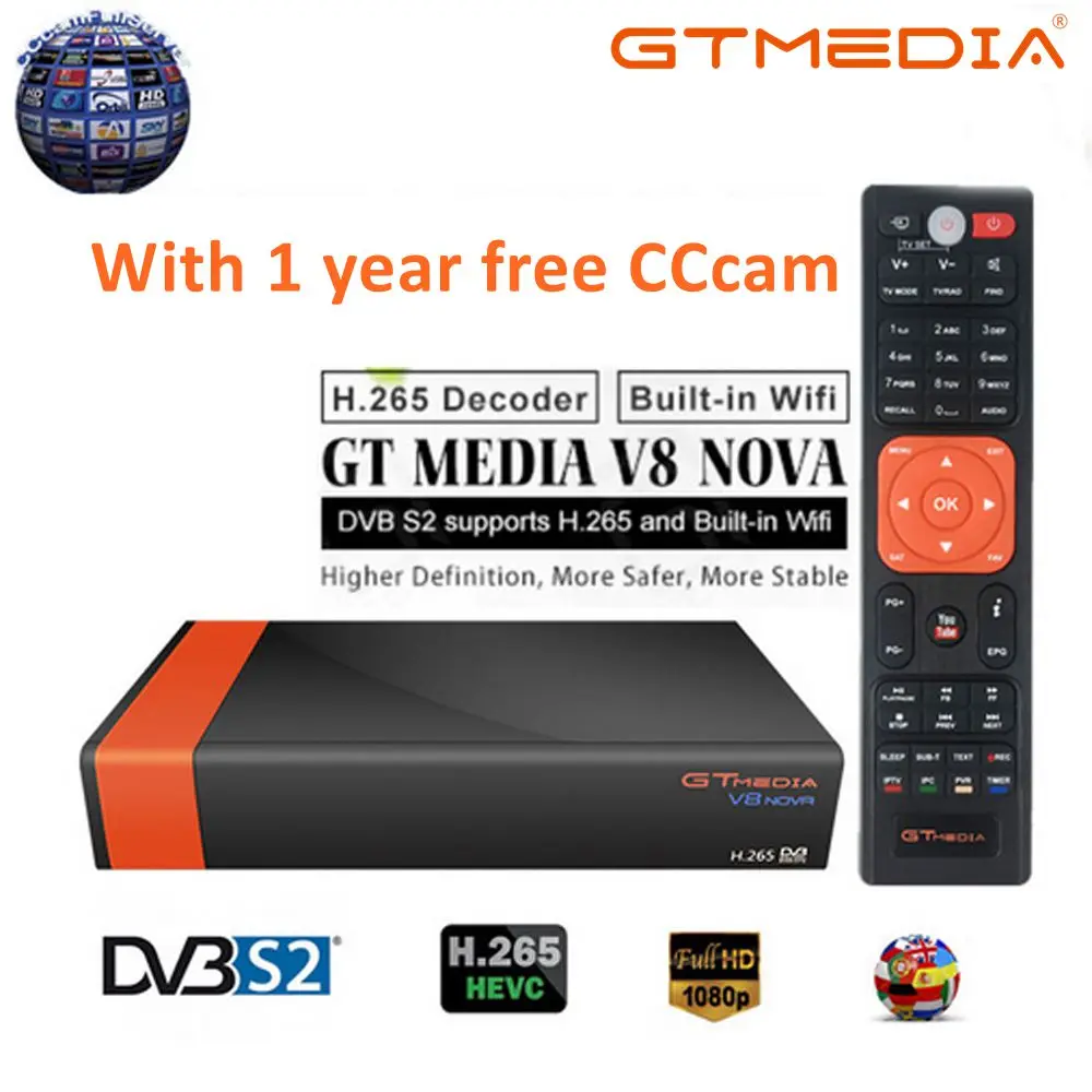 

Receptor Gtmedia V8 Nova Built-in WIFI power by freesat v8 super HD DVB-S2 1 Year Cccam Cline for 1 Year TV Box Same as V9 Super