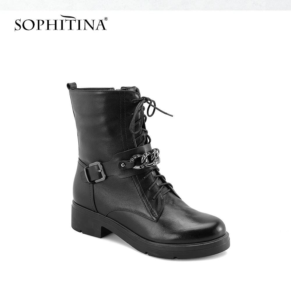 SOPHITINA/Брендовые женские ботильоны из натуральной кожи; классические черные ботинки для девочек на шнуровке с пряжкой; теплая Женская уникальная обувь на квадратном каблуке; M10