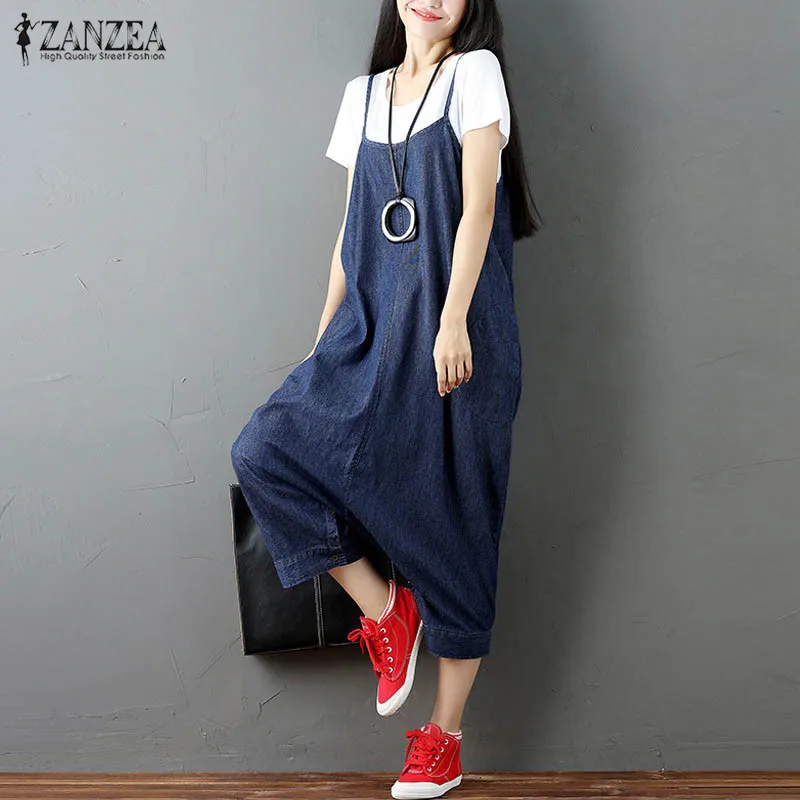 

S-5XL ZANZEA Women Oversized Buttons Strappy Harem Romper Loose Dungaree Overalls Bib Pants Baggy Suspender Skirt Jumpsuit 2019