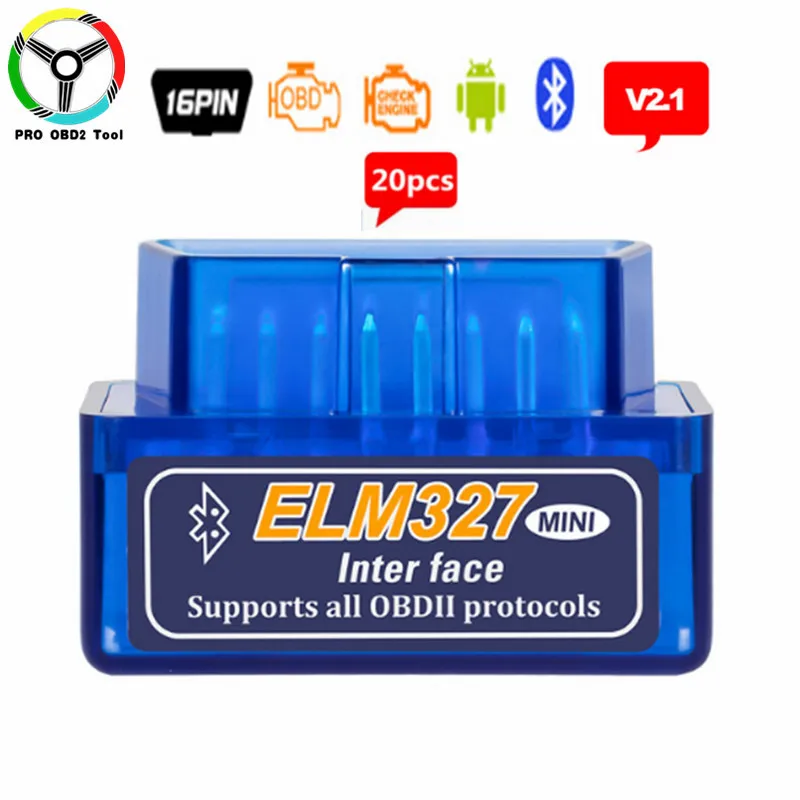 20 шт./лот Высокое качество Супер Мини ELM327 V2.1 Bluetooth OBD OBD2 диагностический инструмент ELM 327 2,1 Поддержка почти OBD-II протоколы - Цвет: Синий