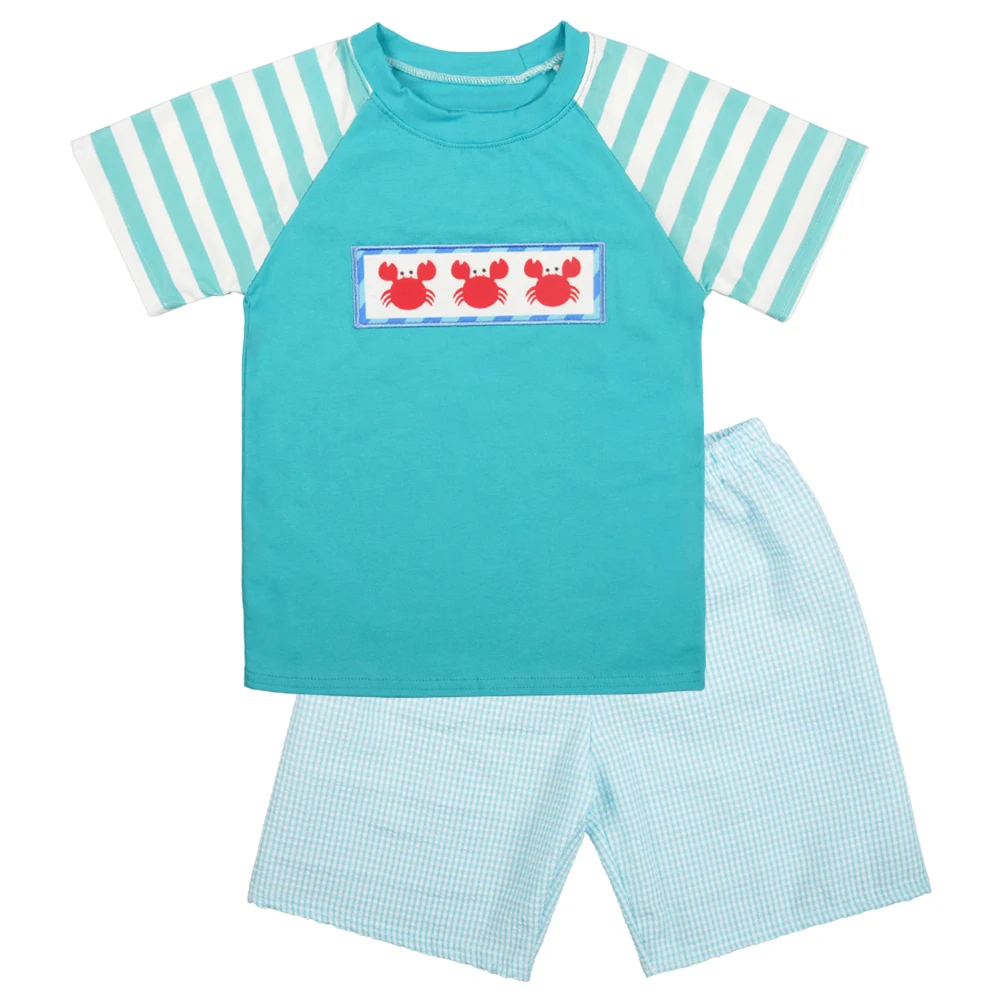 

Baby Boy Clothing Set Factory Blue embroidered printed crab cotton material boys clothes toddler boy clothes