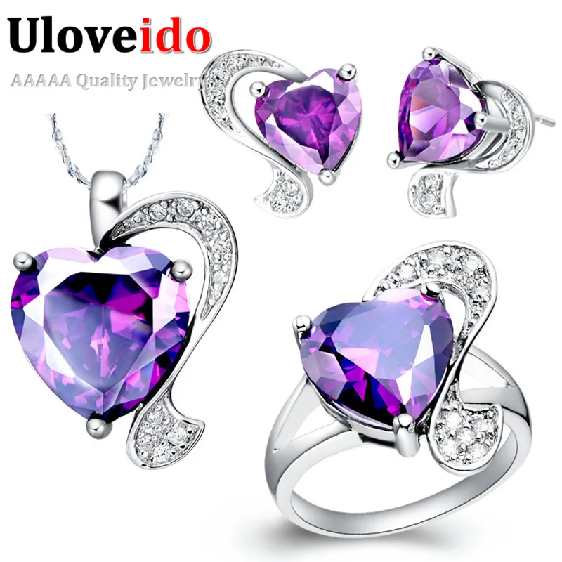 

Uloveido Wedding Jewelry Sets Silver Color Red Purple Heart Wedding Necklace Earrings Rings Fashion Jewellery Set Gift T068