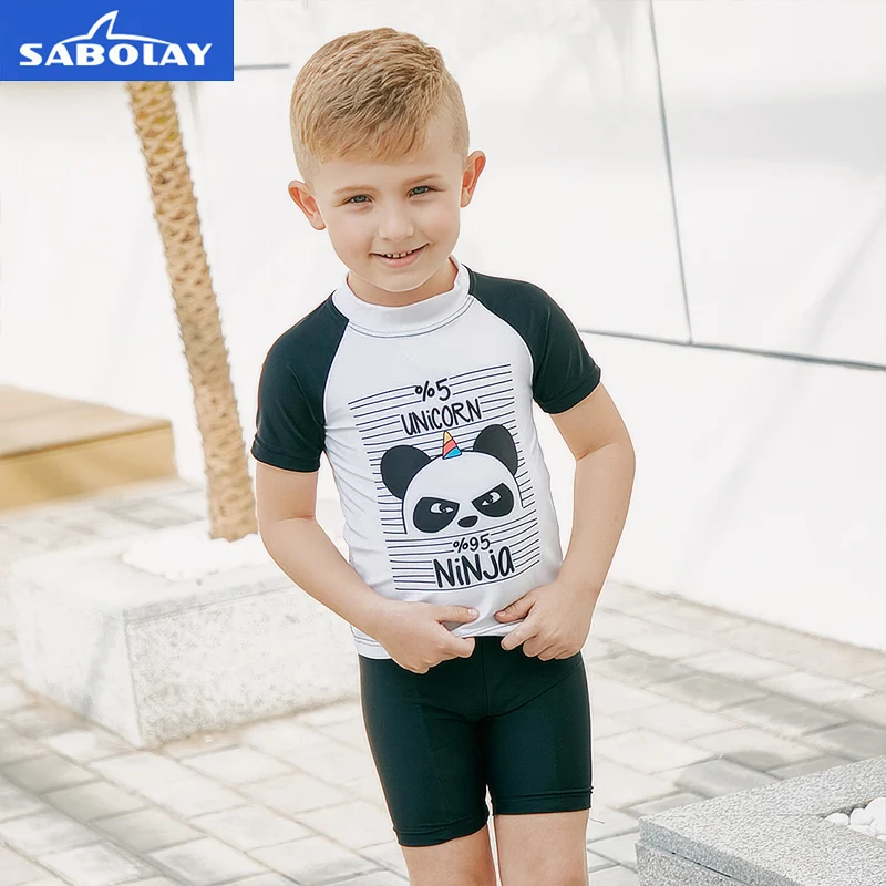 

SABOLAY Split Short Sleeve Children's Swimsuit Sunscreen Boys Panda Pattern Quick Dry Black And White Swimwear Tops