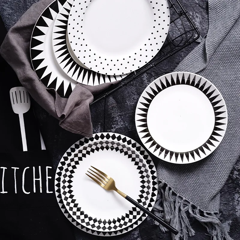 

Chic Black White Geometry Ceramic Round Plate Dinner Dishe Pasta Steak Dessert Circular Fruit Plates Fine Bone China Kitchenware