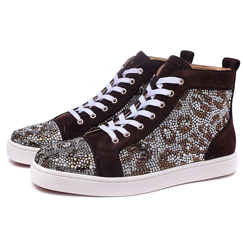 

Fashion Crystal Leopard Mens Sneakers Brown High Top Lace Up Casual Shoes Street Style Party Weding Shoes Man Zapatos de Mujer