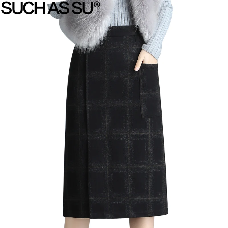 

SUCH AS SU New Woolen Lattice Skirts Women 2018 Black Mid Long High Waist Pencil Skirt S-3XL Plus Size Office Lady Winter Skirt