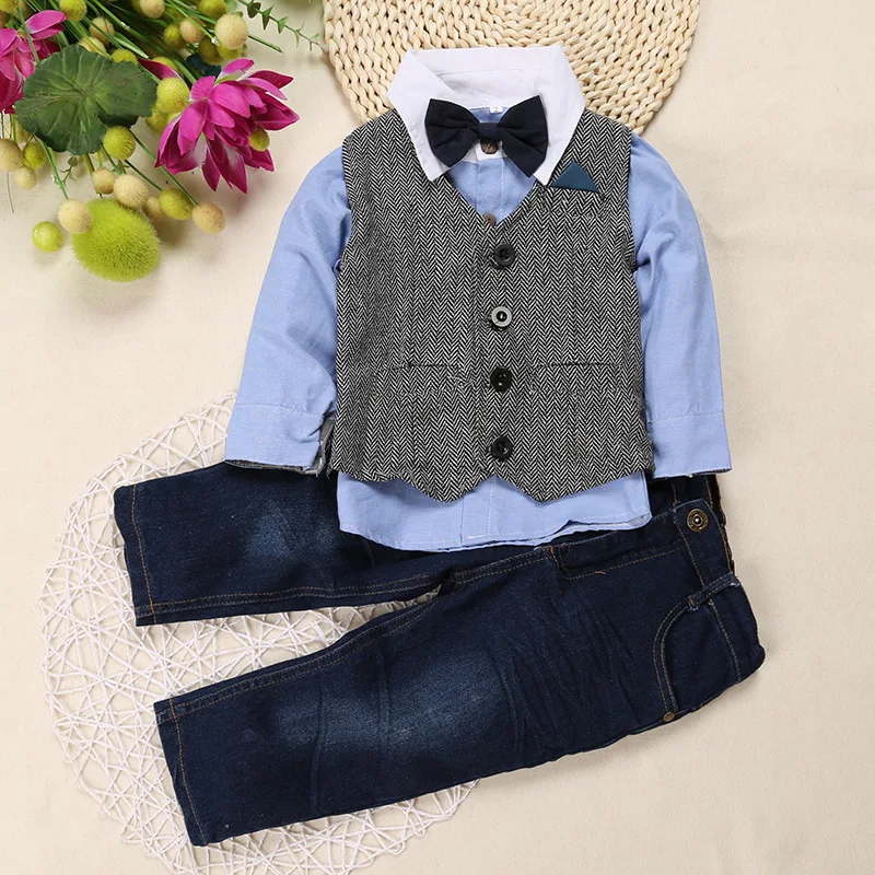 Комплект детской одежды для мальчиков, 3 предмета, осенняя школьная одежда с длинными рукавами, модная свадебная одежда для мальчиков, ST19036
