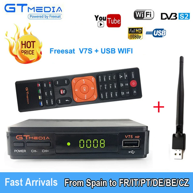 GTmedia V7S HD DVB-S2 Freesat спутниковый ресивер обновления от V7 HD цифровой рецепторов Full HD 1080 P + USB WI-FI поддержка Biss ключ