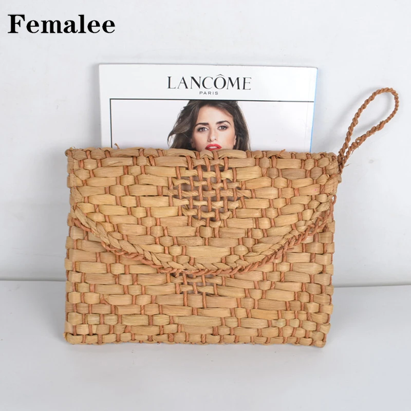 

FEMALEE Corn Skin Knitted Women Fashion Day Clutch Envelope Straw Bag Woven Summer Totes Braided V Diamond Handmade Rattan Bag