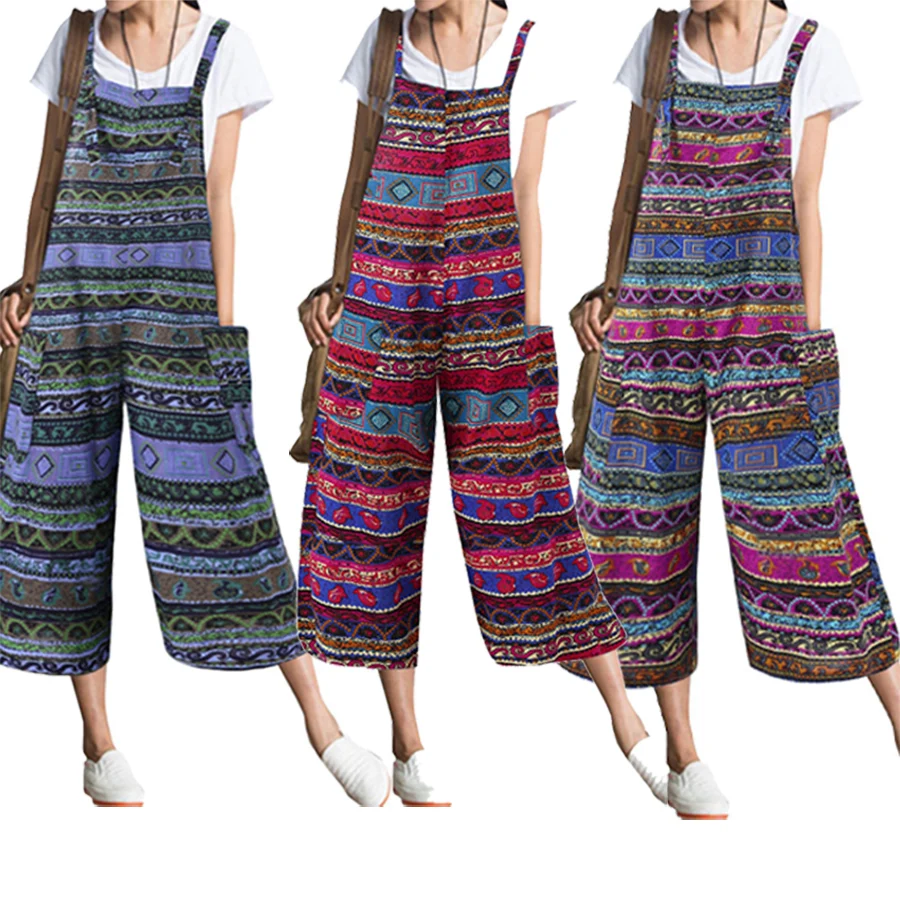 

Bohemian overalls Women Pockets Print Cotton &Linen Sleeveless Loose Long Rompers Jumpsuit vintage striped calf-length plus size