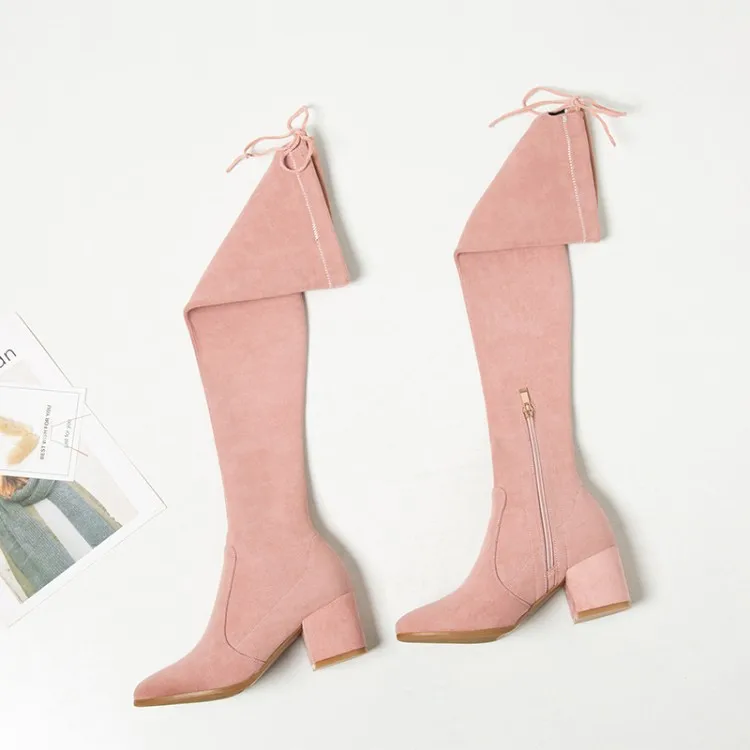 Femme Haute Tissu Mljuese 2019 Le black Femmes Pointu Genou Talon Rose Corée Sur Bout Bottes Couleur Pink Carré Stretch D'hiver 81qTwr8a