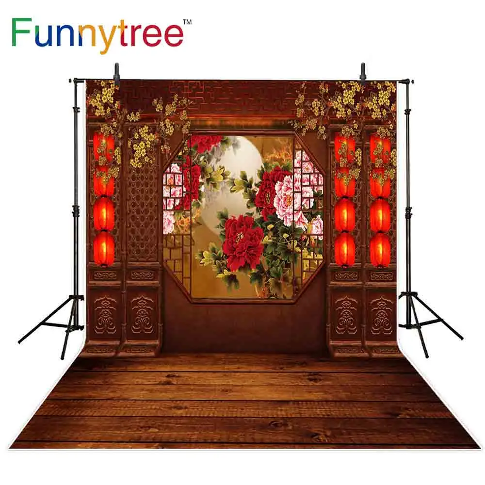 

Funnytree photography backdrop Chinese new year style vintage wood flower door background photocall photobooth photographic
