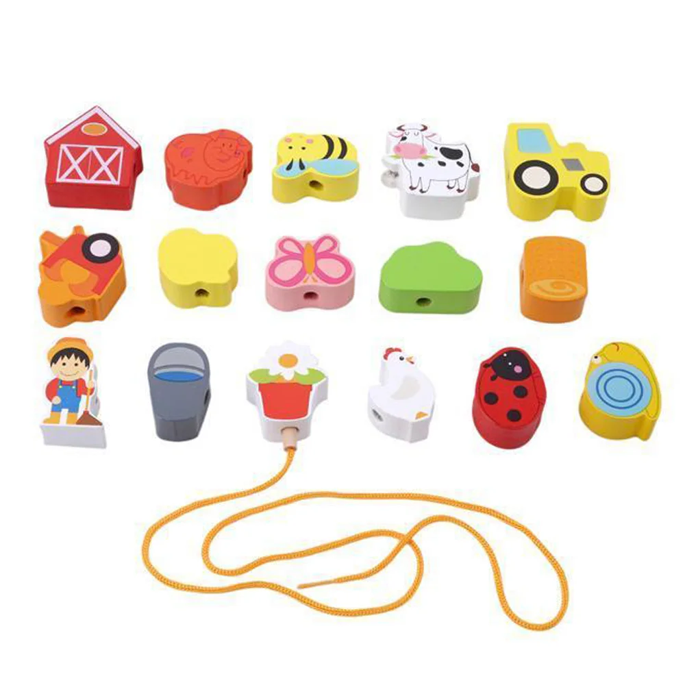 

String Along Wooden Threading Lacing Beads Blocks Child Kids Learning Toys
