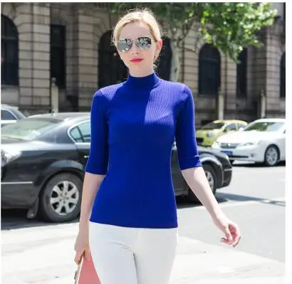 Royal Blue Осенний свитер с рукавом три четверти, тонкий однотонный пуловер с высоким воротом, свитера в европейском стиле, элегантный Весенний свитер - Цвет: Royal Blue