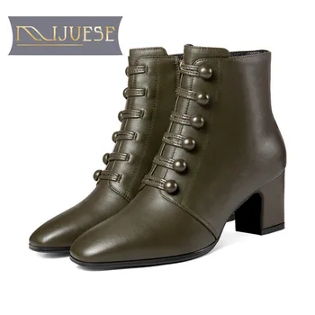 

MLJUESE 2019 women ankle boots cow leather zippers khaki pointed toe high heel boots winter short plush warm boots size 33-41