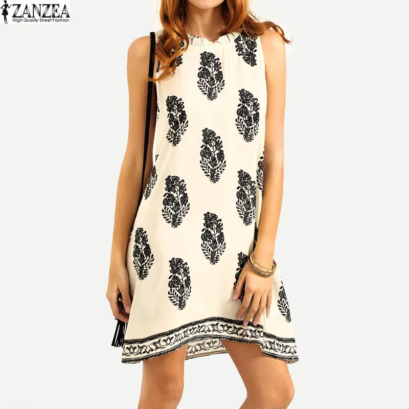 ZANZEA Мини-платье с цветочным принтом без рукавов женское летнее ретро платье на шнуровке пляжный сарафан трапециевидной формы Vestido Плюс Размер