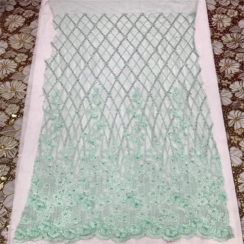 

Light green Wedding Dress Lace Fabric 3D Chiffon Flowers Nail Bead Pearls High End European Lace Fabric Free Shipping A1048-1