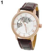 Hombre Mecánico Hollow Dial de Cuero de Imitación Banda Números Arábigos Reloj de Pulsera