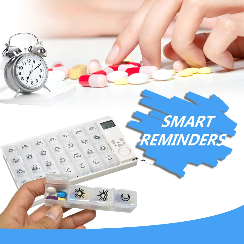 

7 Days Tablets Pill Box Medicine Pill Case Organizer LED Timer Reminder Weekly Storage Pill Dispenser Alarm Clock 28 Grids