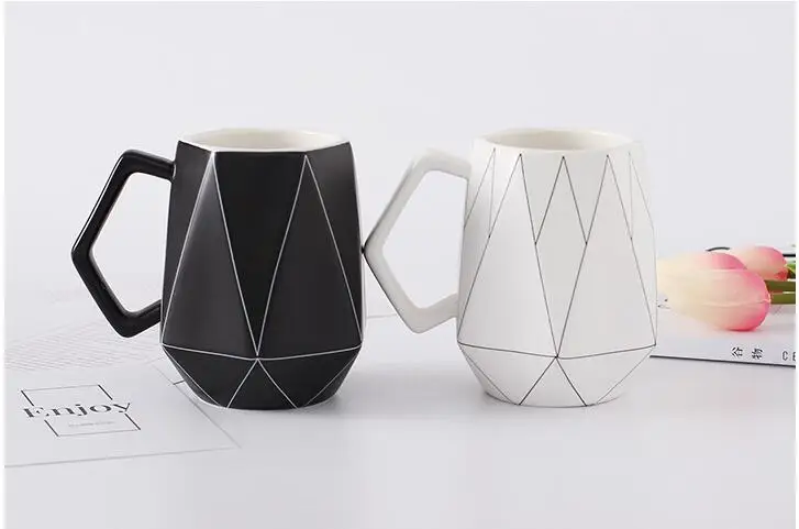 TECHOME Creative Ceramic Coffee Mug Black and White Polygon Geometric Mug Office Couple Private Mug Cup Gift for Friend Family