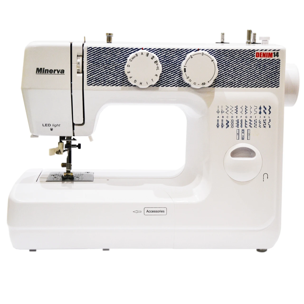 Швейная машина Minerva  Denim14 ( Автоматическая намотка шпульки, регулировка натяжения нити, поддержка двойной иглы, 14 видов строчек, нитеобрезатель, режим реверса)	