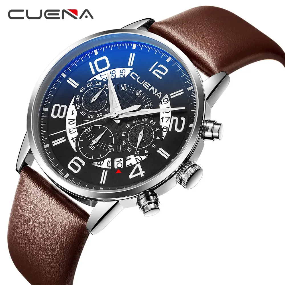 

CUENA luxury brand men's leather quartz brown black band man clocks Multi-function calendar waterproof luminous number original