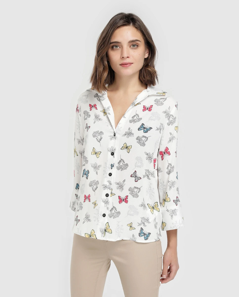 Joven Blusa Mujer con Cuello Pijama Multicolor Fantasía Manga Larga Print de Floral Mariposas Cierre de Botones Woman Fashion Tejido Suave Moda Casual Streetwear Temporada Primavera Verano 2019| Blusas y