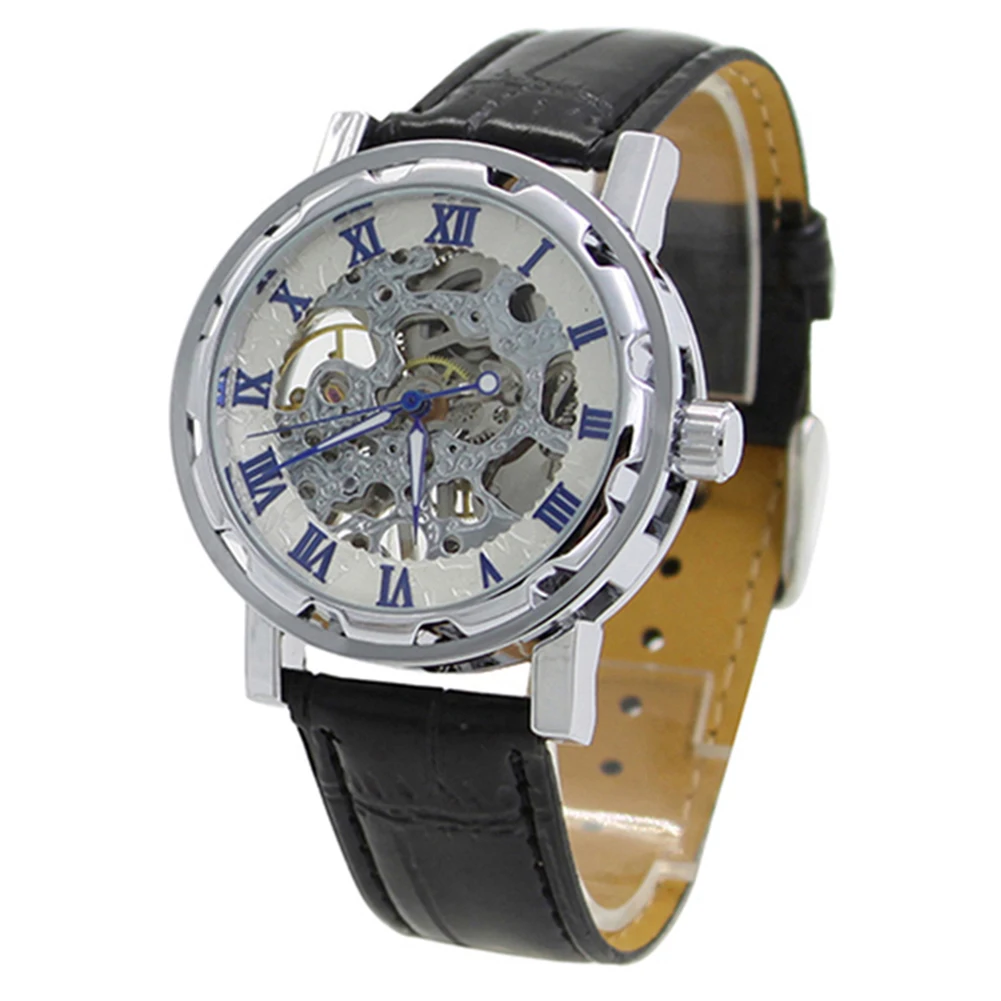 Classic Mechanical Watch Men Life Waterproof Faux Leather Skeleton Hand-Wind Mechanical Sports Army Wrist Watches часы мужские