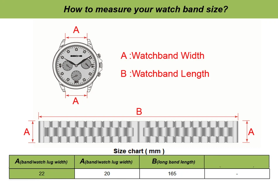 eache 22mm solid stainless steel replacement men watchband watch watch band size chart