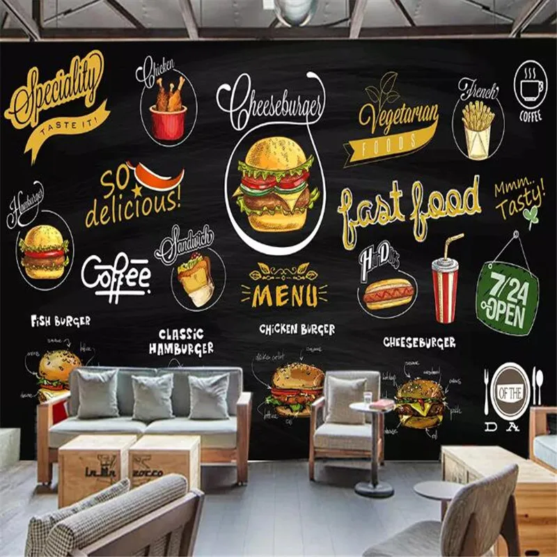 Hand-painted chalkboard western pizza hamburger background wall custom large indoor wallpaper mural 3D photo wall Hand-painted chalkboard western pizza hamburger background wall custom large indoor wallpaper mural 3D photo wall