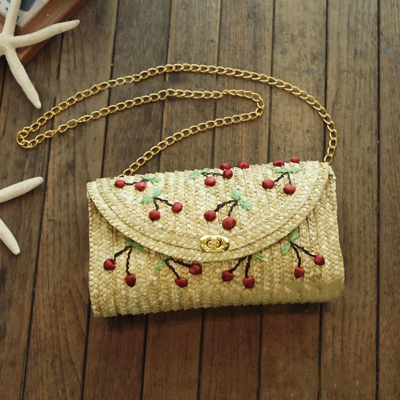 Women Clutch Bag Bohemian Cherry Female Summer Beach Straw Bags Lady Travel Shoulder Bag Handmade Knit Crossbody Bolsa SS3037 (8)