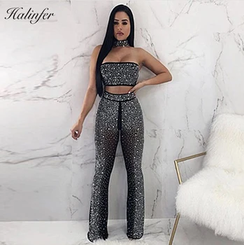 

2018 New Fashion 2 piece set women sexy Strapless Diamonds Short Top Bandage Rayon Homecoming Party Pant Sets Top Quality