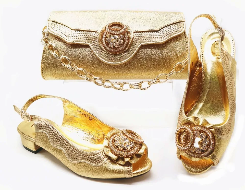

African aso ebi lady party low heel sandal gold shoes matching bag with size 37-42 italian shoes and bag matching set SB8271-6