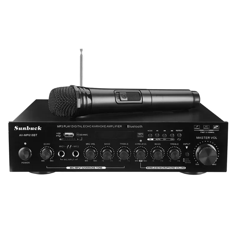 

Bluetooth Version HIFI Stereo High Power Amplifier AUX/USB/SD Digital Audio Amplifiers Wireless Microphone Karaoke System
