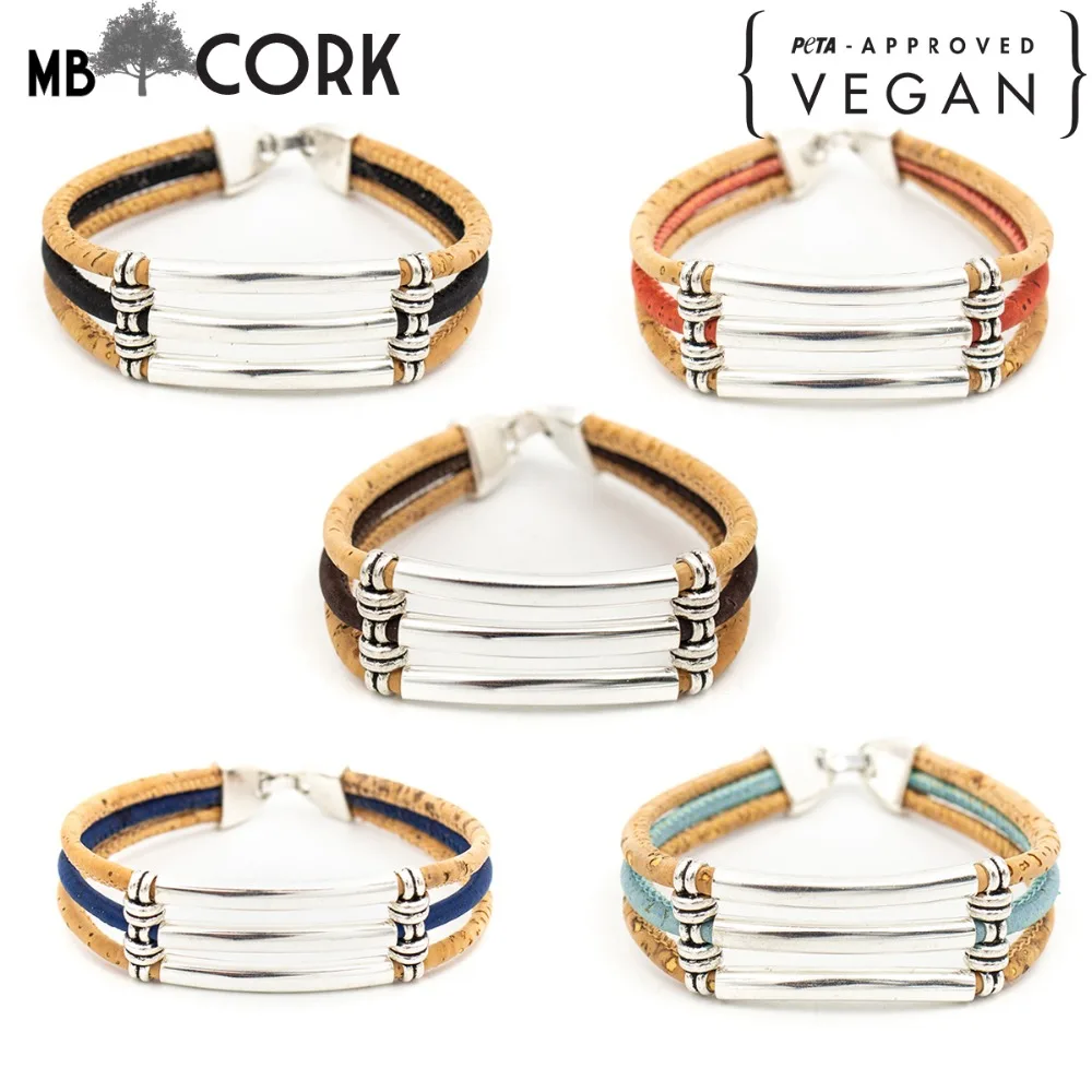 

Portugal Pulseras Cork jewelry Cork bracelets Three cork preparation, silver tube, handmade natural BRW-024-MIX-5