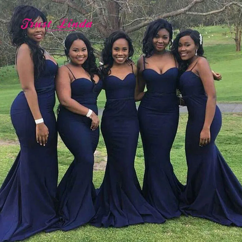 

Navy Blue Bridesmaid Dresses Spaghetti Straps Sweetheart Floor Length Mermaid Brides Maid Dresses Vestido Azul Marino