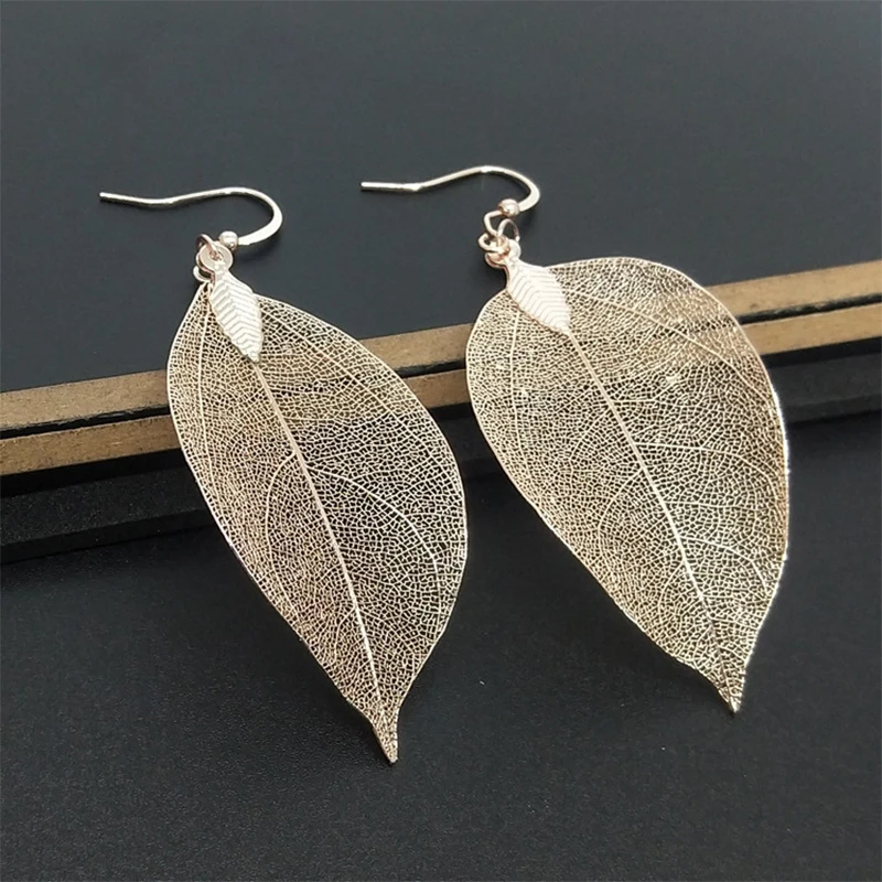 

New Unique Natural Real Leaves Earrings For Women Tree Leaf Big Dangle Drop Earrings Statement Fashion Jewelry Gold Color VE066
