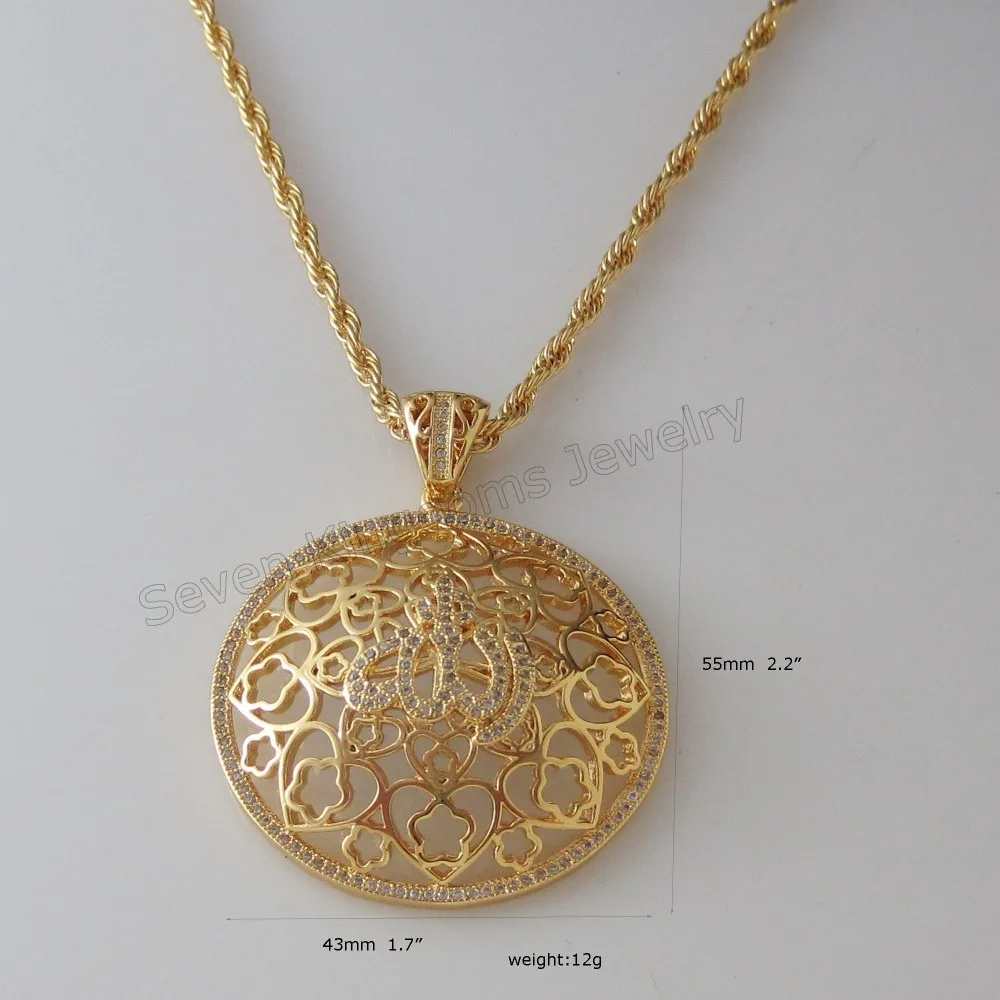 

MIN ORDER 1PCS/- YELLOW GOLD GP DUBAI GOLD 24" ROPE NECKLACE & MUSLIM ALLAH GOD MANY MICRO INSERT STONE IN ROUND SHAPE PENDANT