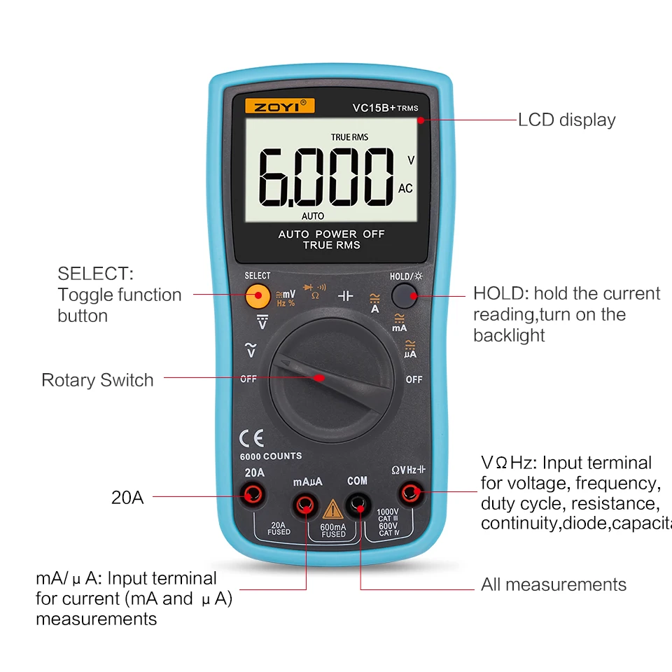 ZOYI ZT15B+ 6000 отсчетов Цифровой мультиметр DC AC напряжение измеритель тока TRU-RMS сопротивление диод Capaticance непрерывность