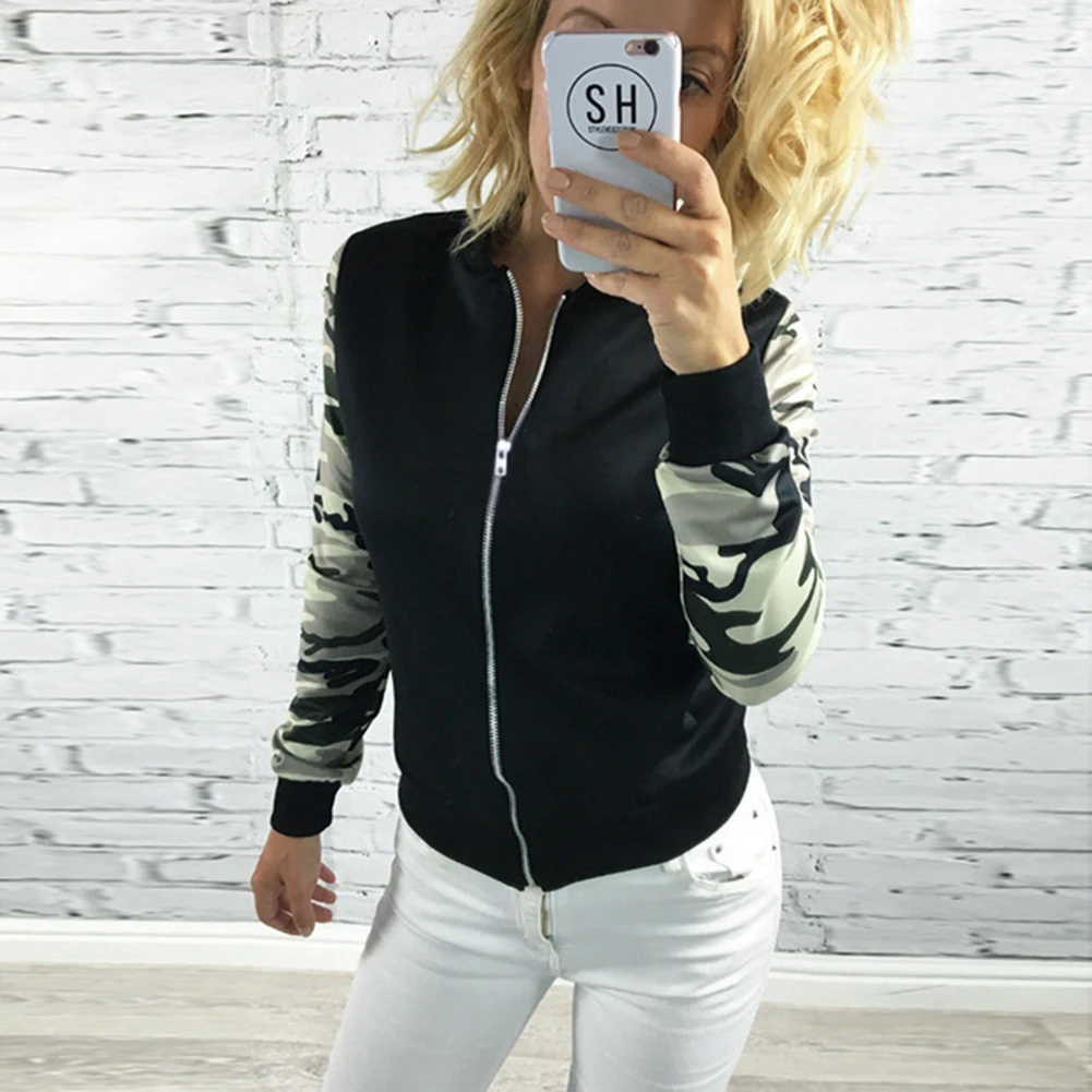 

Fashion Camouflage Long Sleeve Patchwork Jacket Zippered Women Coat Outwear