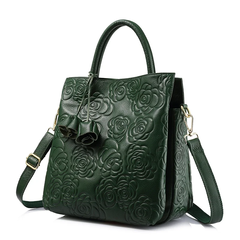 REALER натуральная кожа женская сумка на ремне, большая сумка женская с короткими ручками, сумка через плечо для женщин с кисточкой, женские сумки - Цвет: Зеленый
