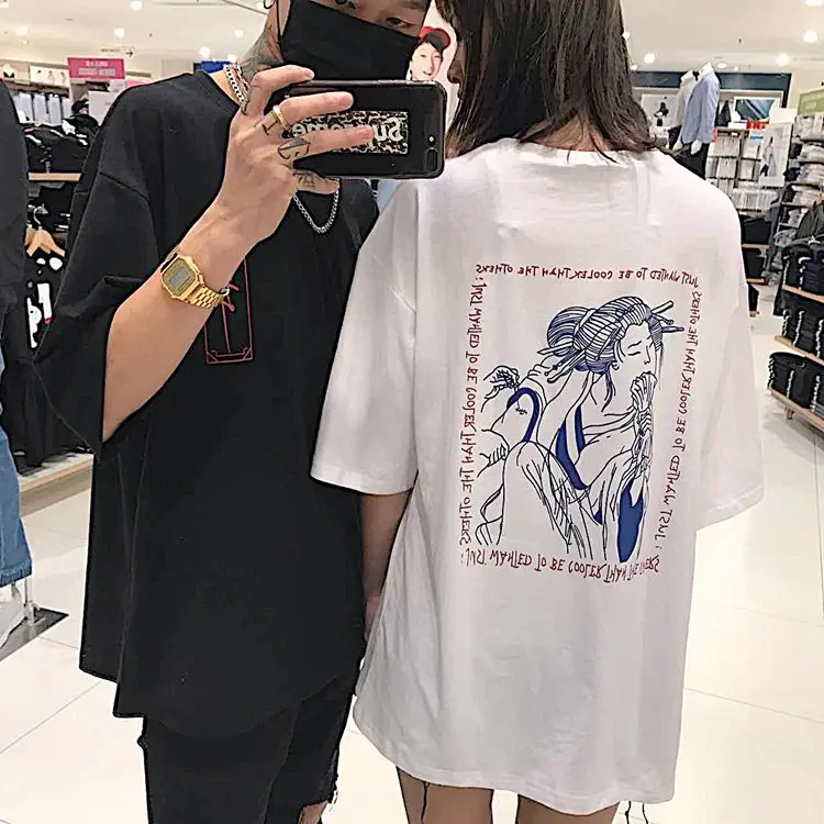 

INS tide super special letter Harajuku curse Japanese geisha print loose short sleeve T shirt couple male and female