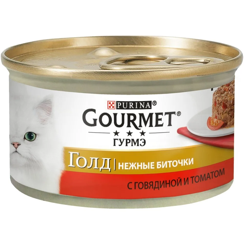 Корм для кошек Gourmet Gold Нежные биточки, с говядиной и томатами, влажный, 12 банок по 85 г