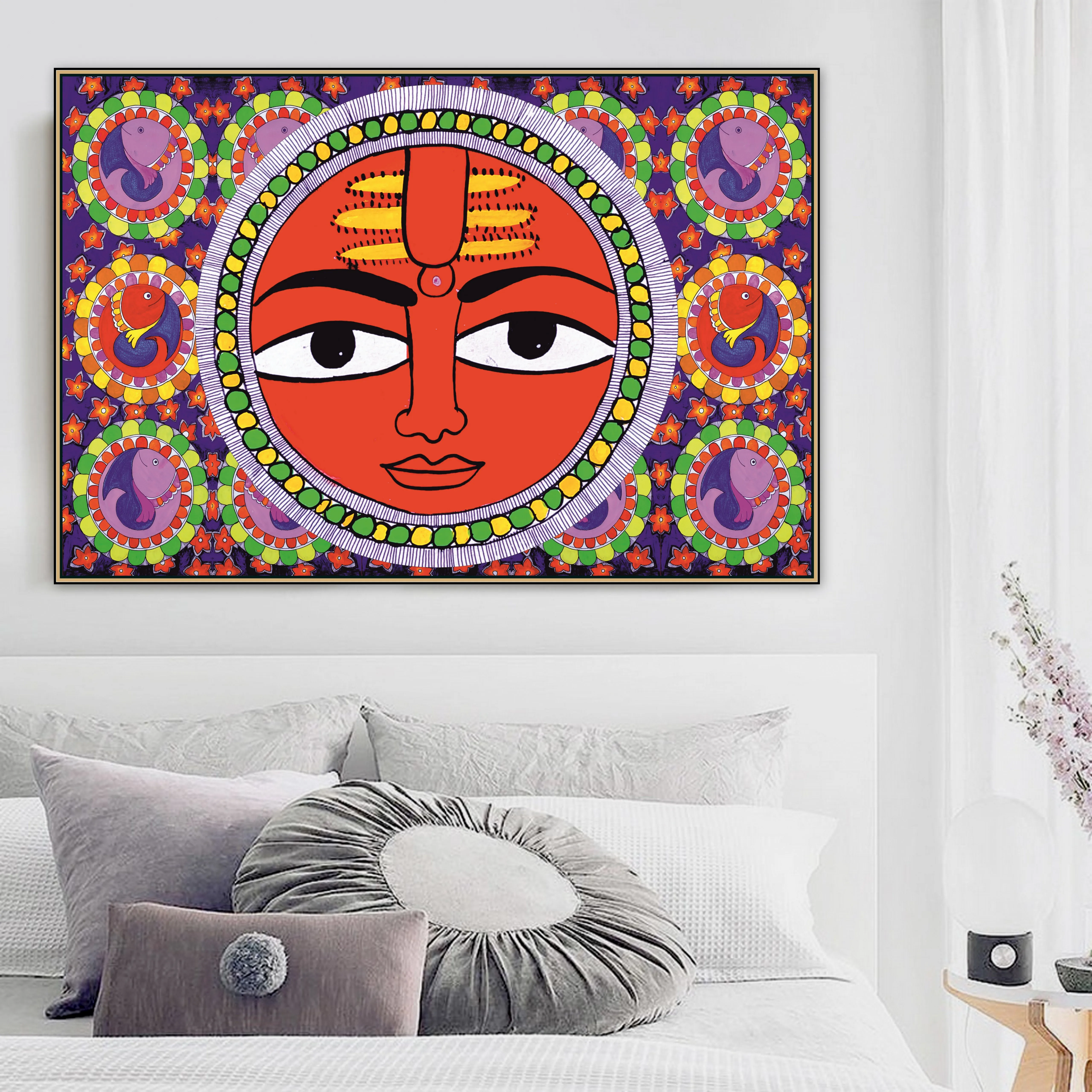 Солнце Индийский Бог Madhubani Mithila Религия и духовность ручная работа Холст Картина