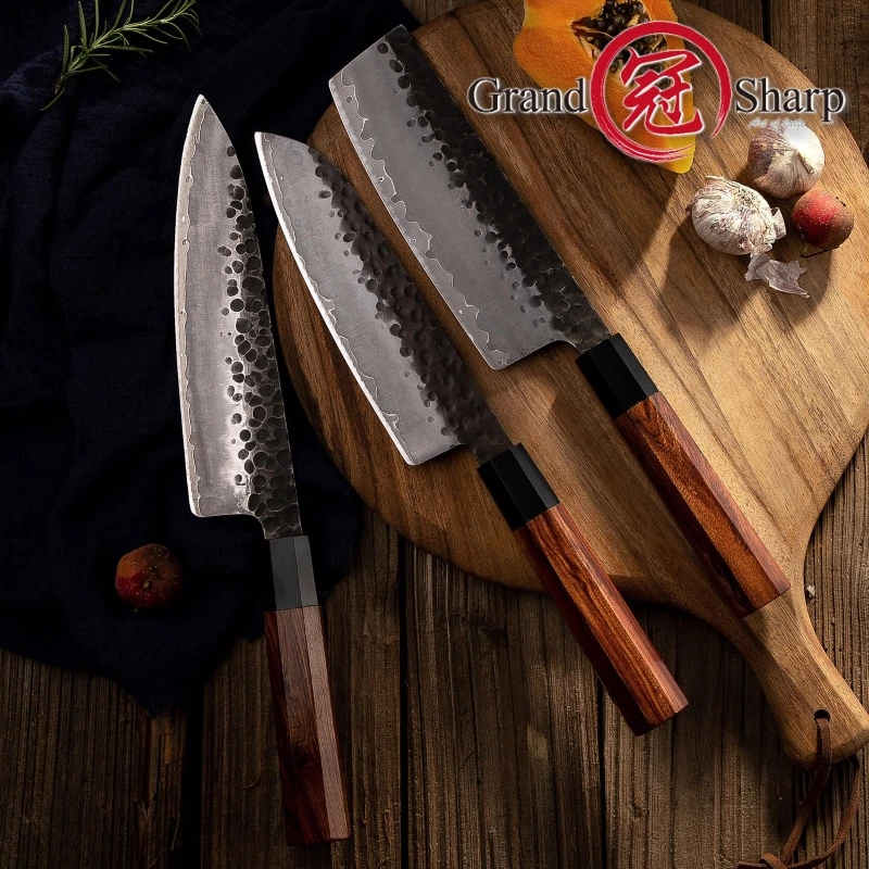  Handmade Kitchen Knives Set 3pcs 3 Layers Japanese AUS-10 Steel Chef Santoku Nakiri Knife ECO Frien - 32984438674