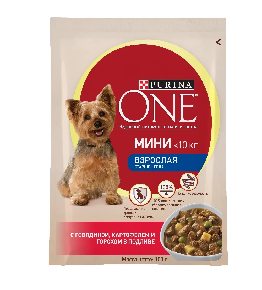 Влажный корм для собак мелких пород Purina One Mini Взрослая с говядиной, картофелем и горохом в подливе, Пауч, 24х100 г