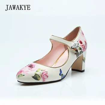 

JAWAKYE Print Flowers Middle heel Women Pumps Buckle trendy retro Chunky high heel shoes Woman White Wedding Shoes Party shoes