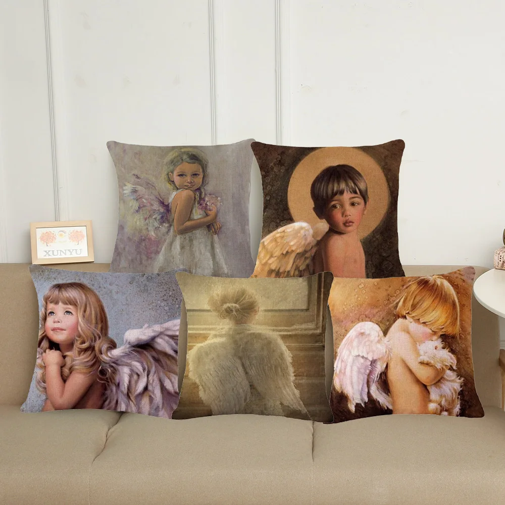 

XUNYU 45cmx45cm Cute Baby Angel Pattern Linen Decoration Pillowcase Cushion Cover Sofa Waist Pillowcase XL034