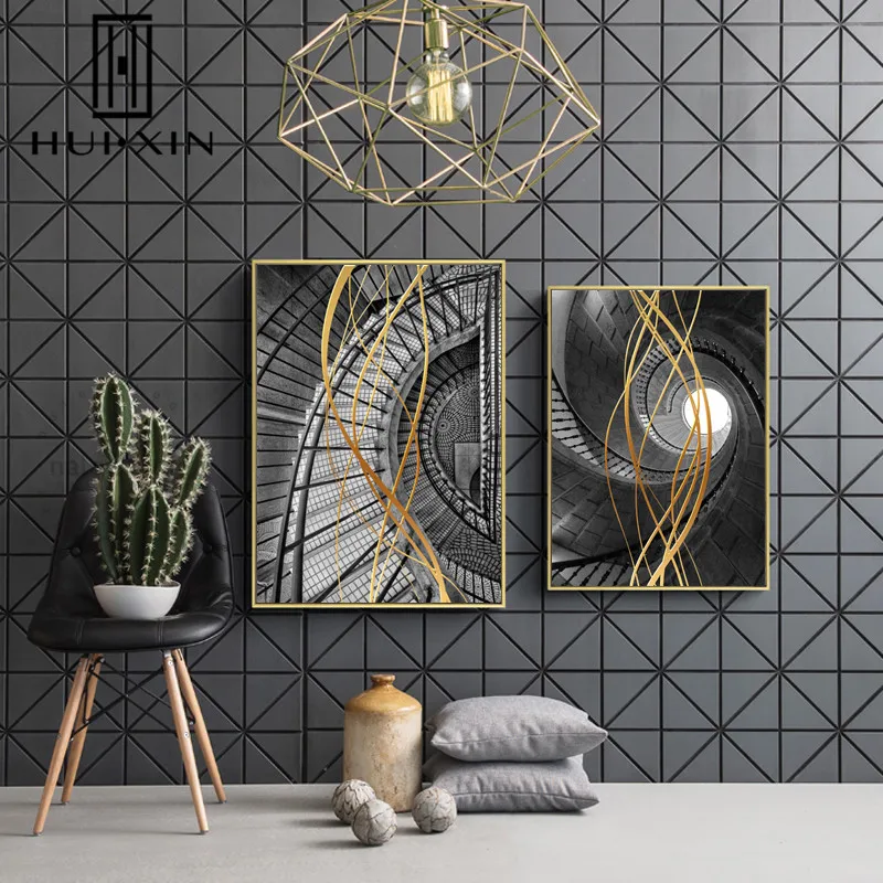 

Fashion Staircase Golden Lines Poster PNordic Modern rint Abstract Wall Art Picture Canvas Painting for Living Room Home Decor