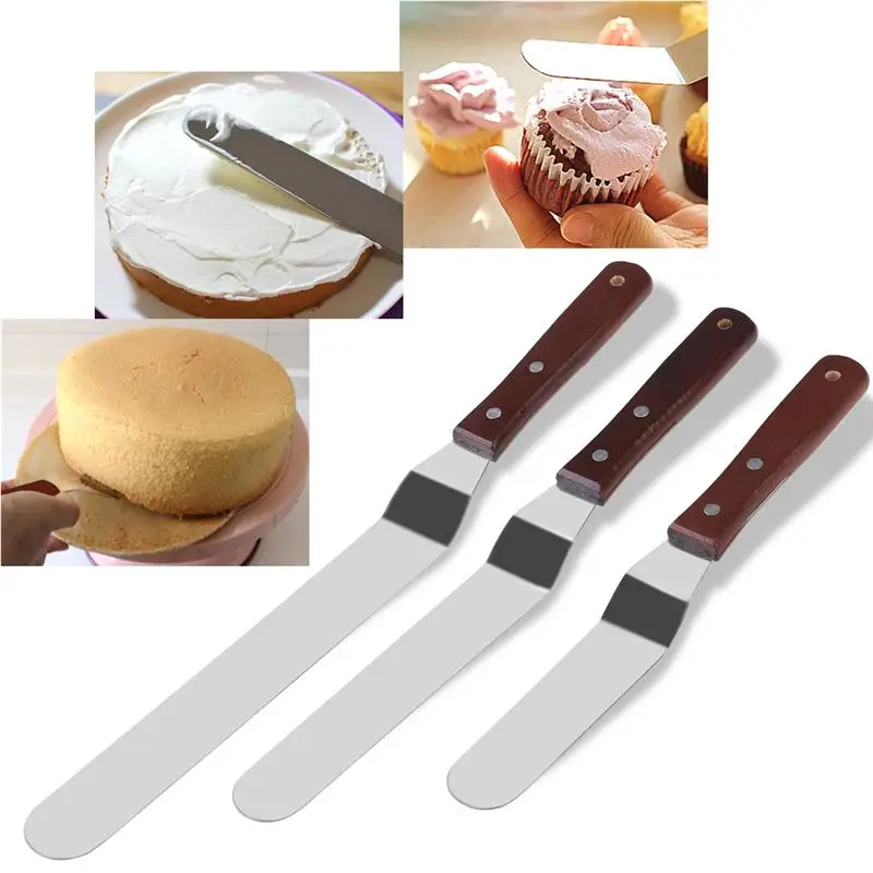 

3PCS Angled Cake Icing Spatula Knives Wooden Handle & Stainless Steel Decorating and Baking Supplies